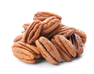 Photo of Heap of ripe shelled pecan nuts on white background