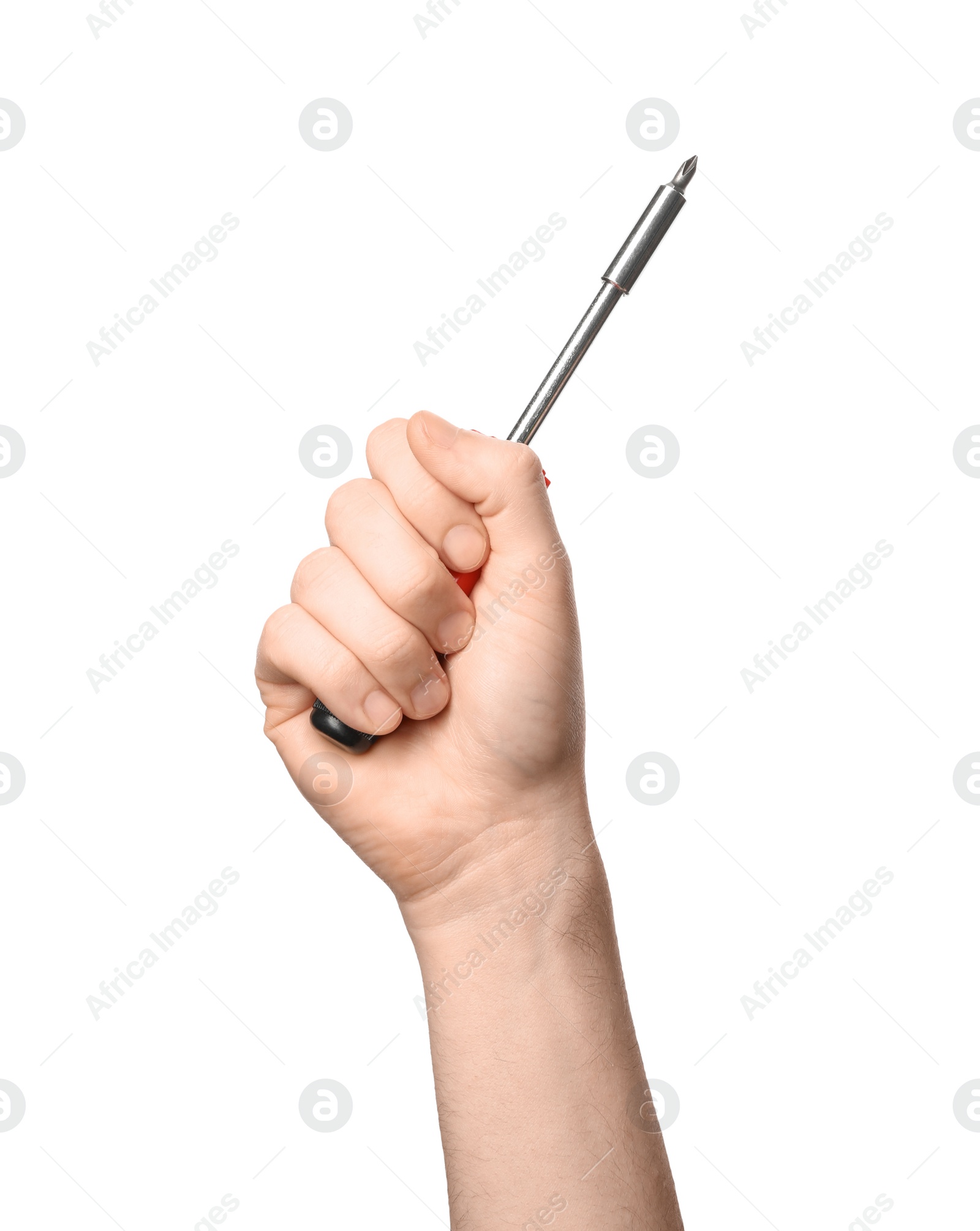 Photo of Man holding screwdriver isolated on white, closeup