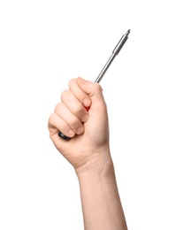 Photo of Man holding screwdriver isolated on white, closeup