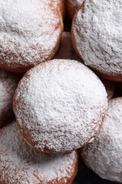 Delicious sweet buns as background, top view