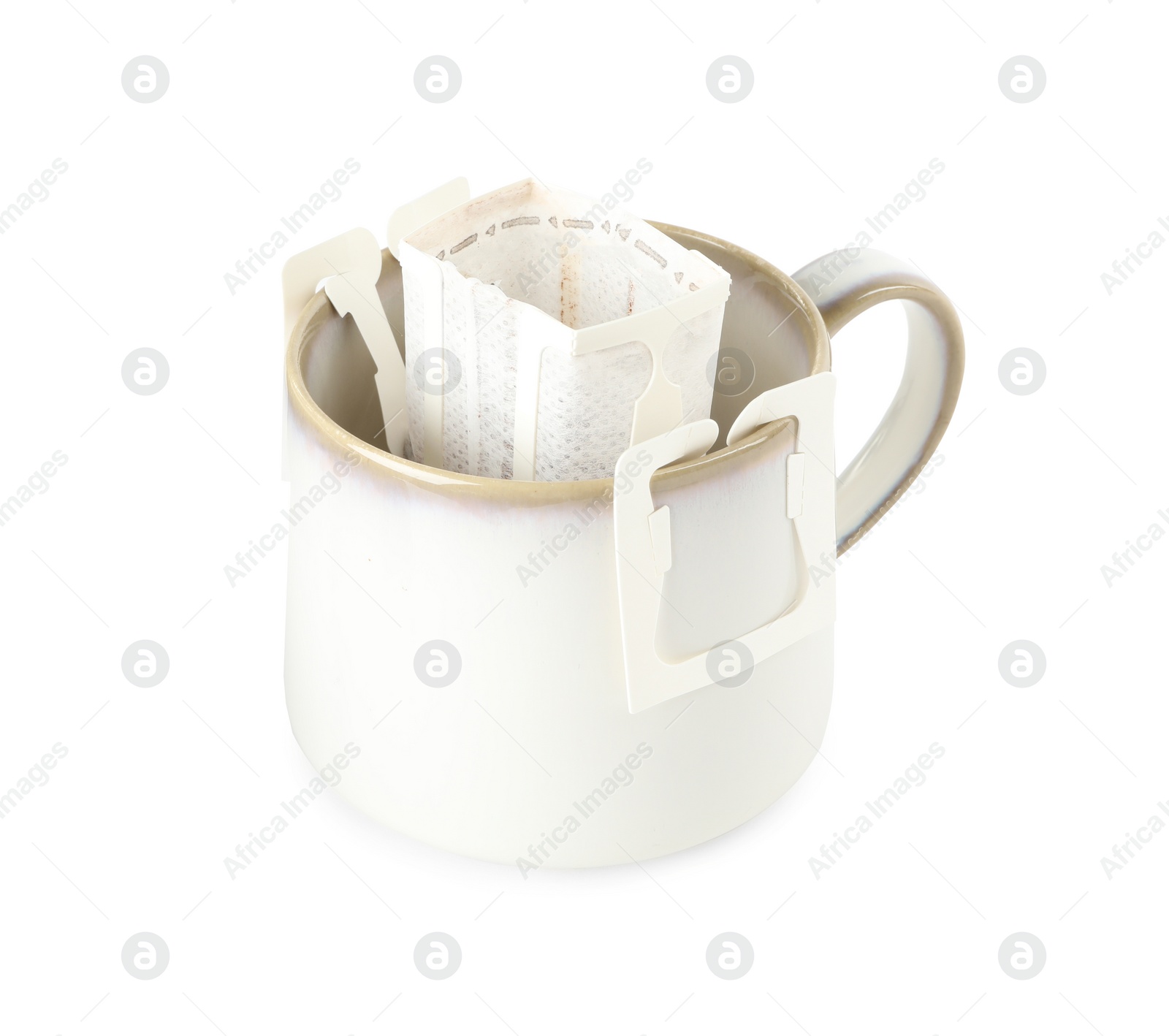 Photo of Cup with drip coffee bag isolated on white