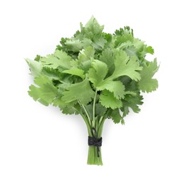 Photo of Bunch of fresh green organic cilantro isolated on white, top view