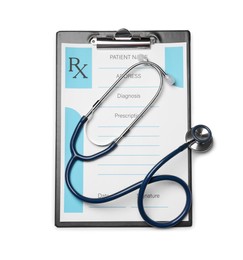 Clipboard with medical prescription form and stethoscope on white background, top view
