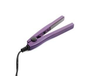 Photo of Modern hair iron for straightening on white background