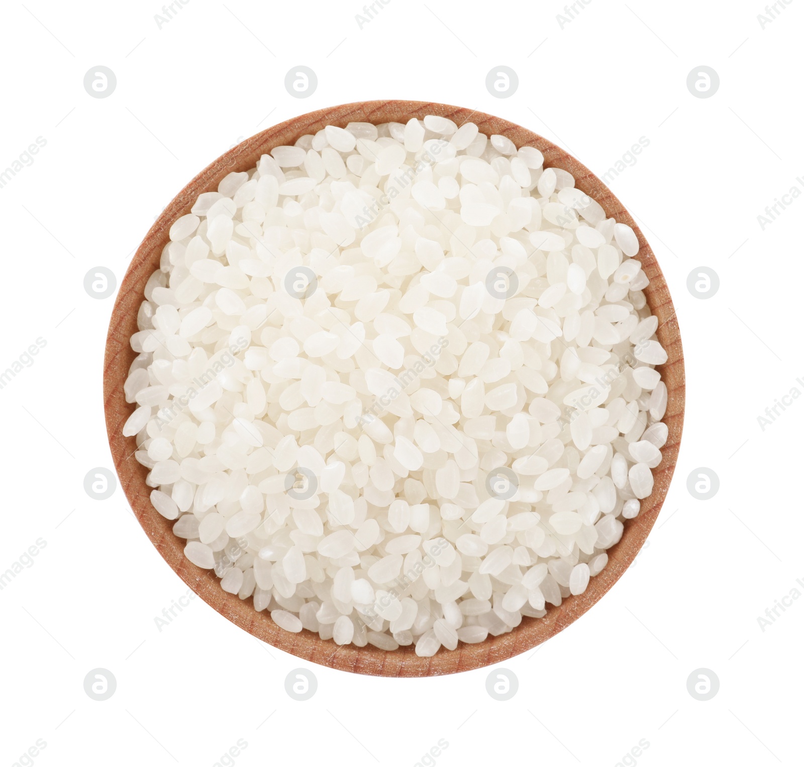 Photo of Bowl with raw rice isolated on white, top view