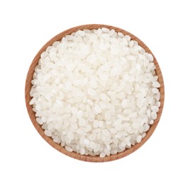 Photo of Bowl with raw rice isolated on white, top view