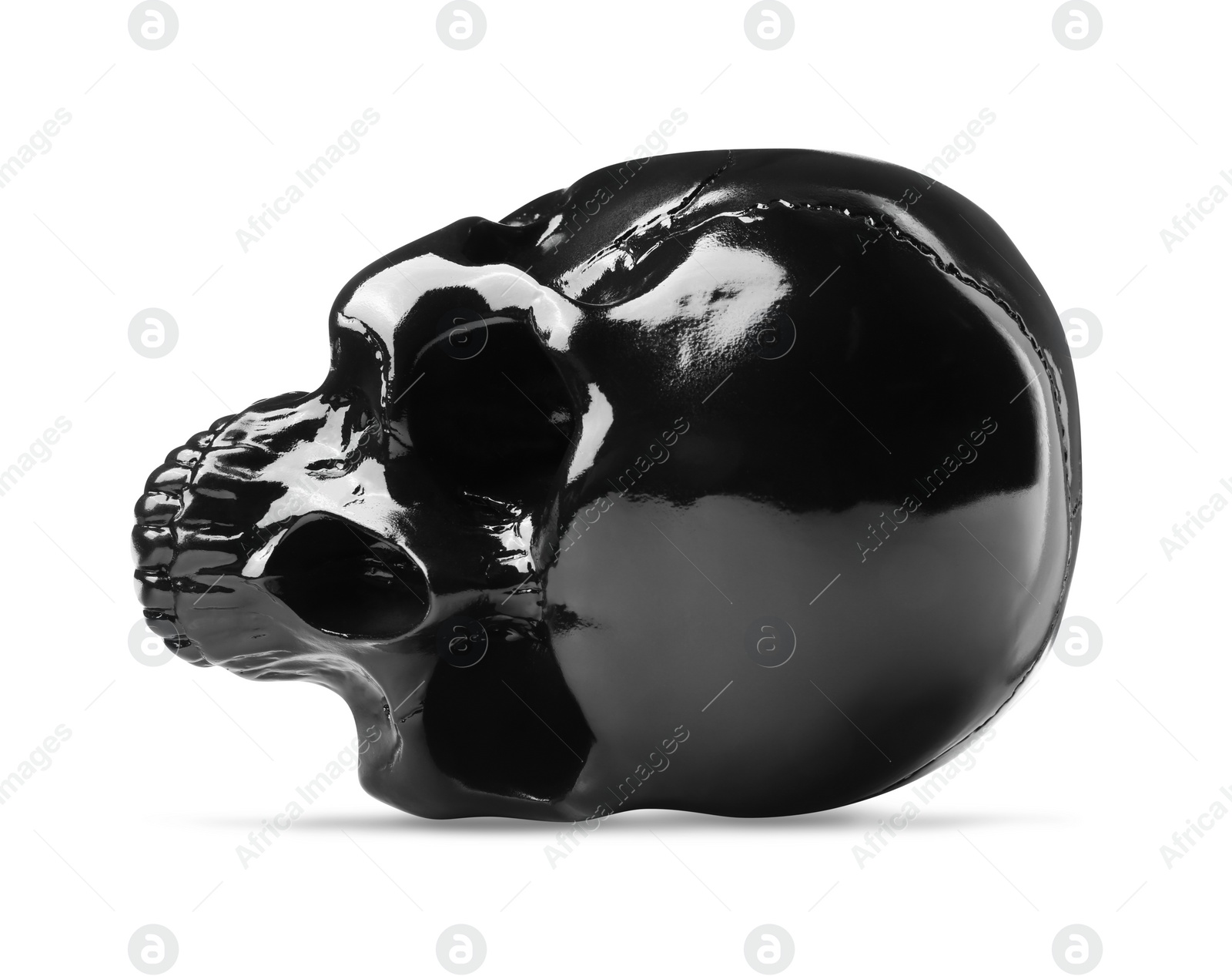 Photo of Black glossy human skull isolated on white