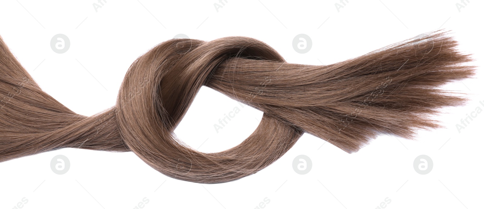 Photo of Beautiful strand of dark blonde hair tied in knot on white background, top view