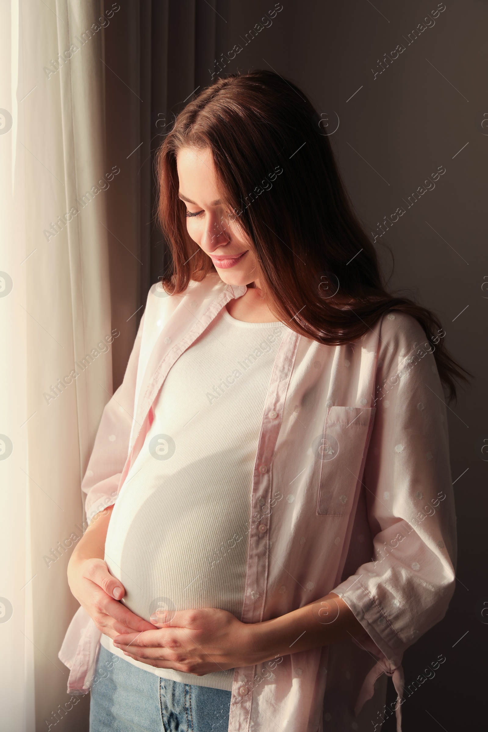 Photo of Young pregnant woman near window at home