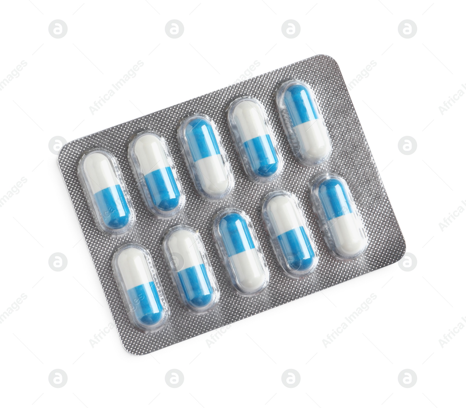 Photo of Blister with bright pills isolated on white, top view