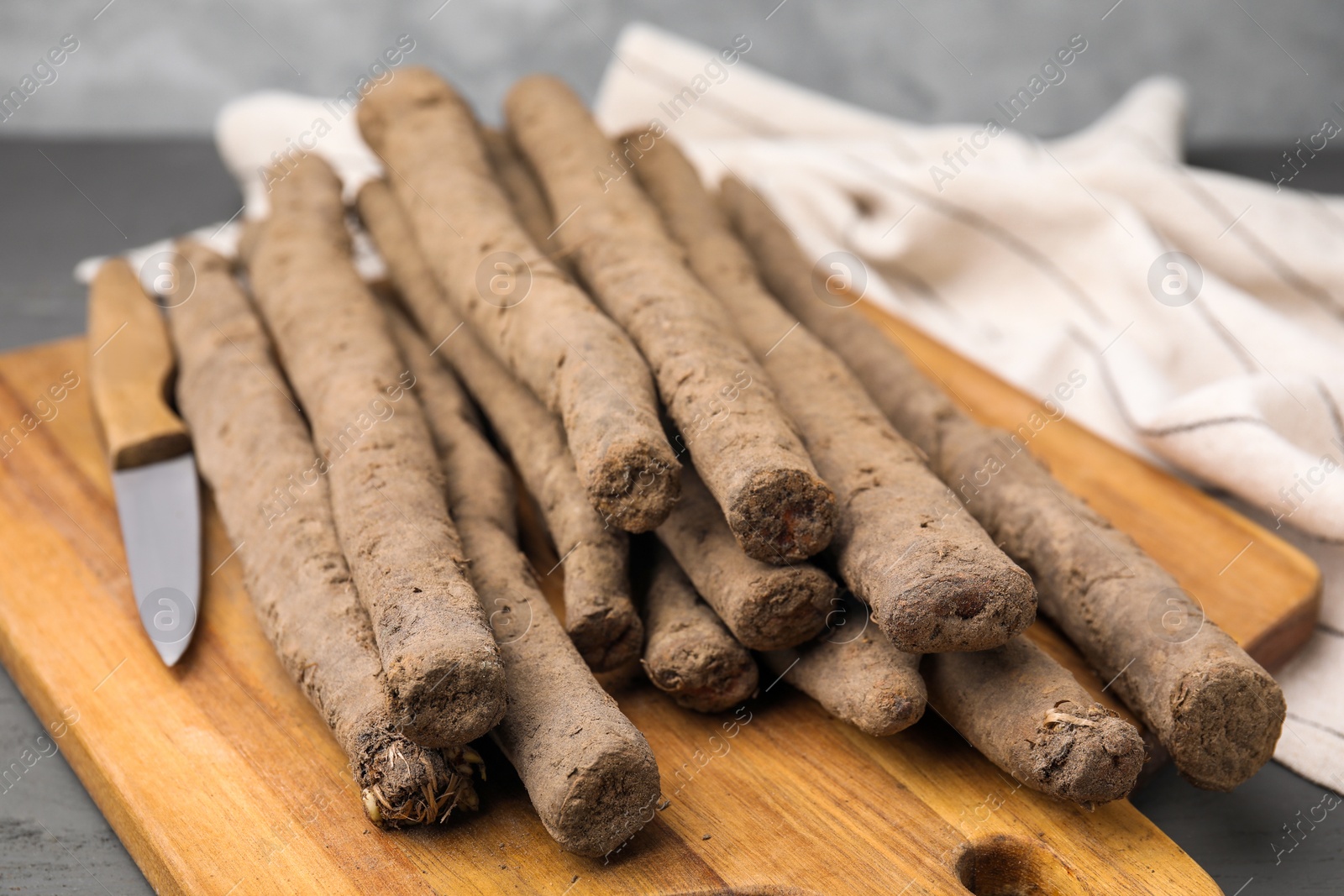 Photo of Raw salsify roots on grey table, closeup