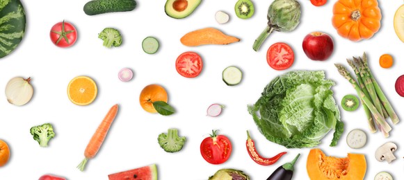 Image of Collage with many vegetables and fruits on white background, top view