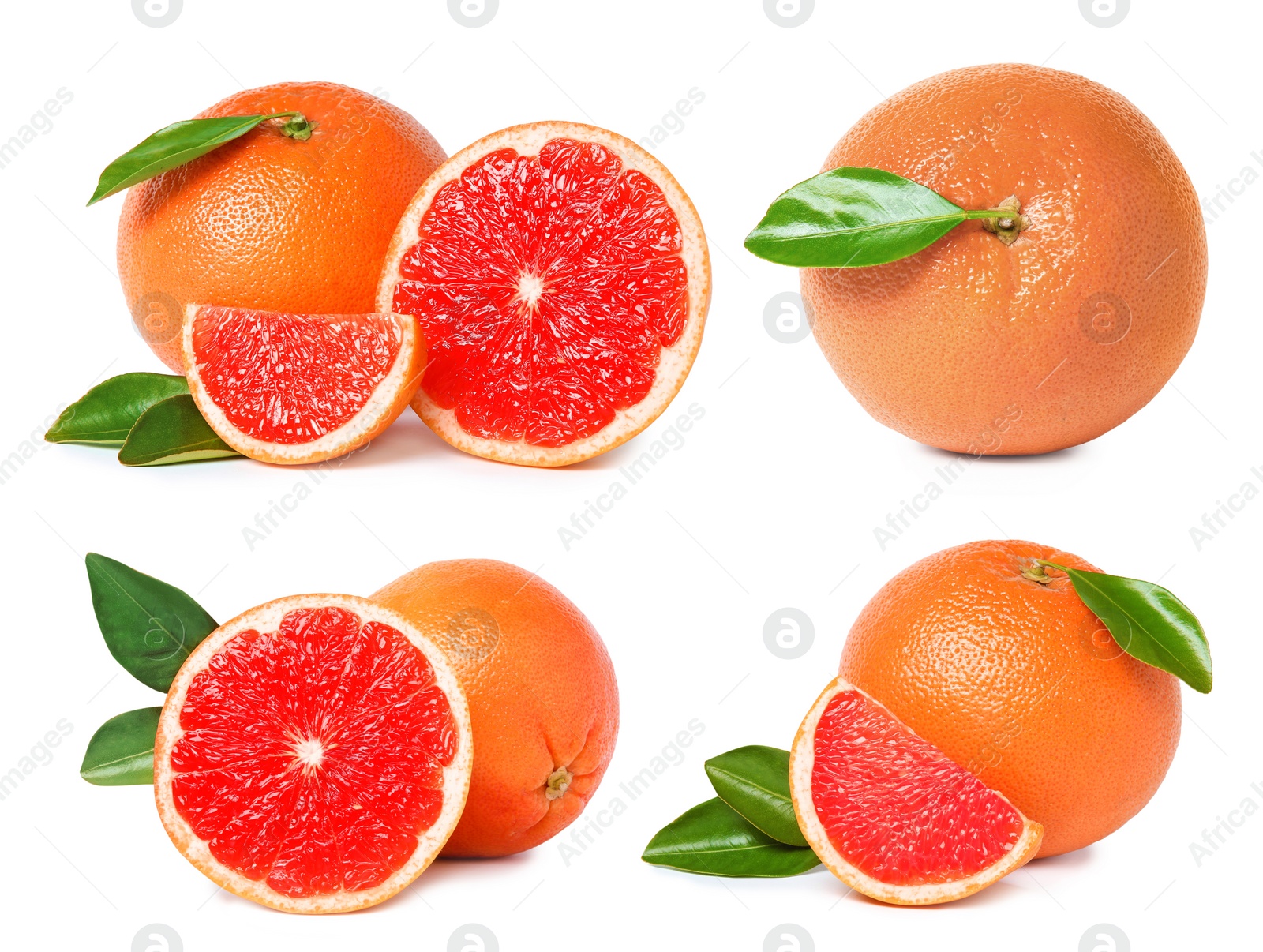 Image of Set with whole and cut ripe juicy grapefruits on white background