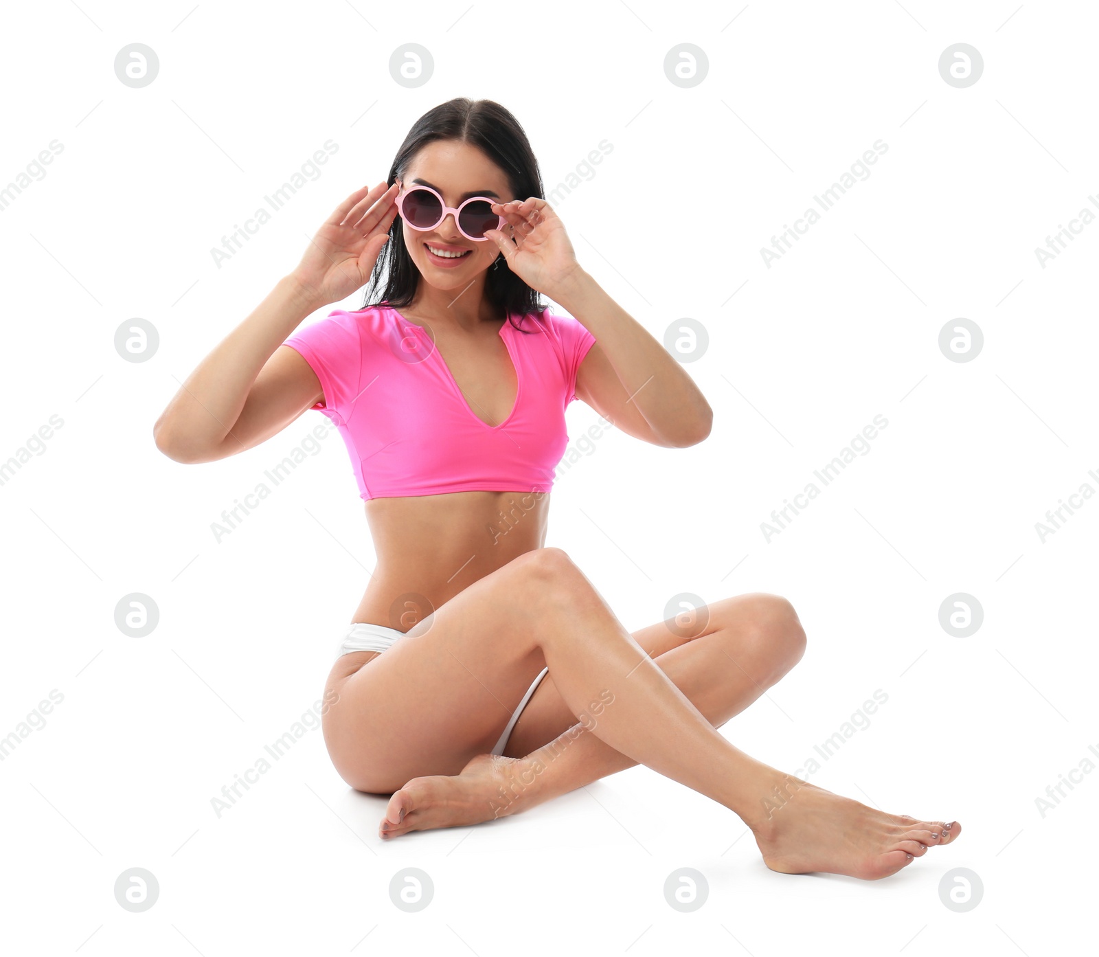 Photo of Beautiful young woman in stylish bikini with sunglasses on white background