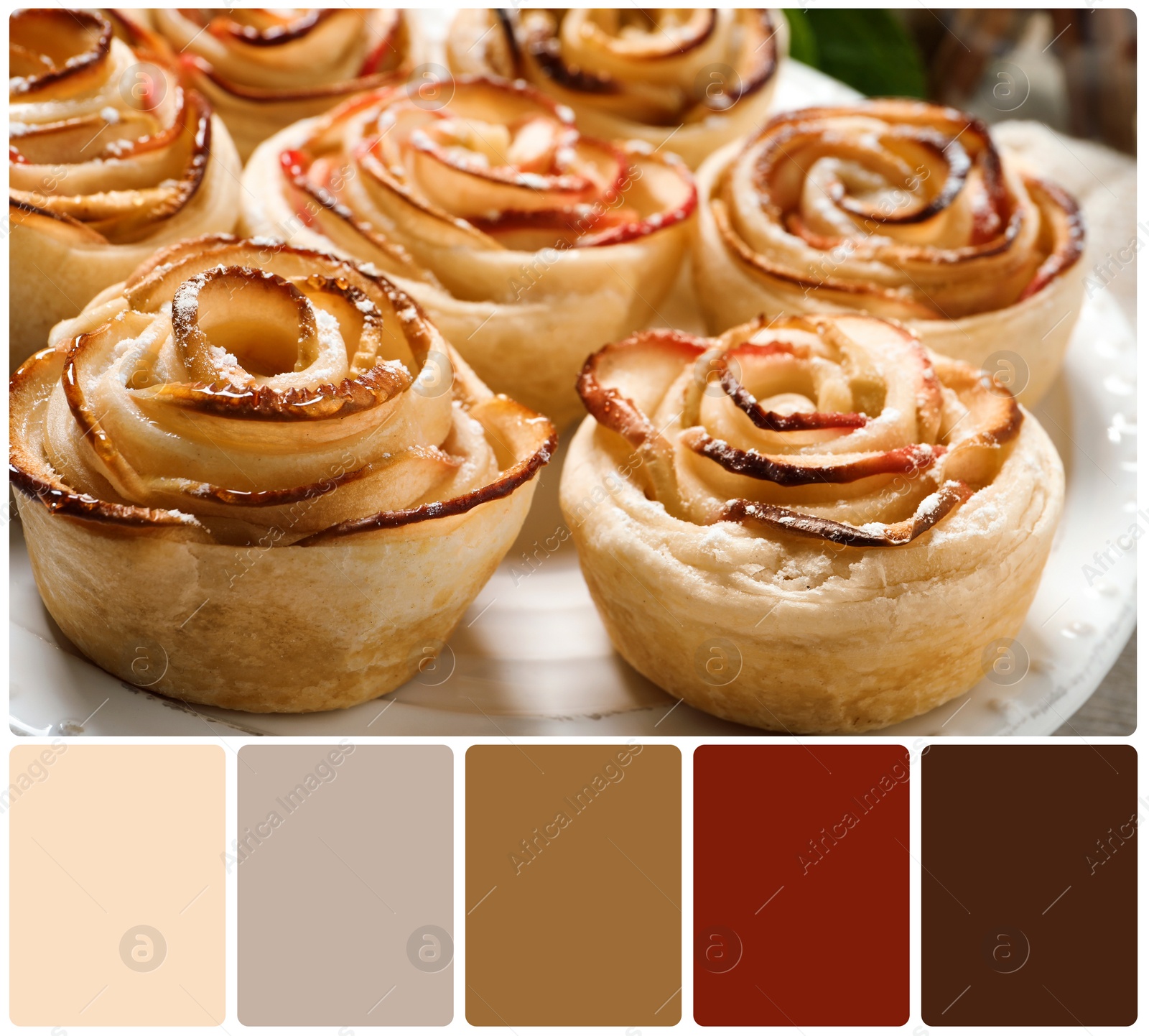 Image of Freshly baked apple roses on plate and color palette. Collage