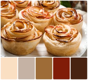 Image of Freshly baked apple roses on plate and color palette. Collage