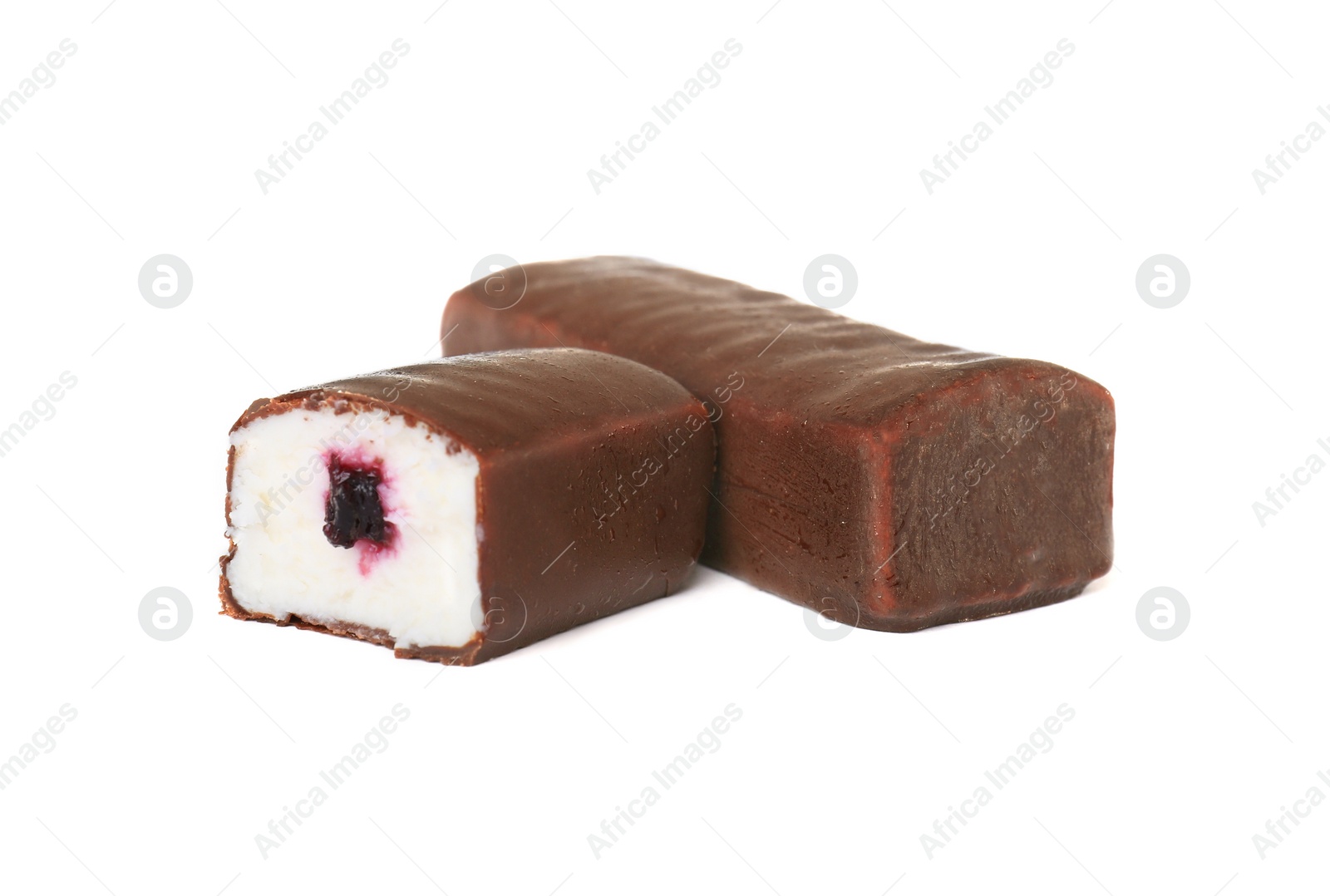 Photo of Cut and whole glazed curds with berry filling isolated on white