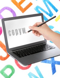 Image of Copywriter profession. Woman writing word on laptop screen with pencil against white background with letters, closeup