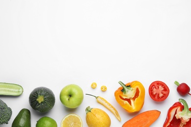 Photo of Flat lay composition with fresh ripe vegetables and fruits on white background