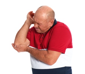 Photo of Mature man suffering from elbow pain on white background
