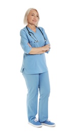 Full length portrait of female doctor in scrubs isolated on white. Medical staff