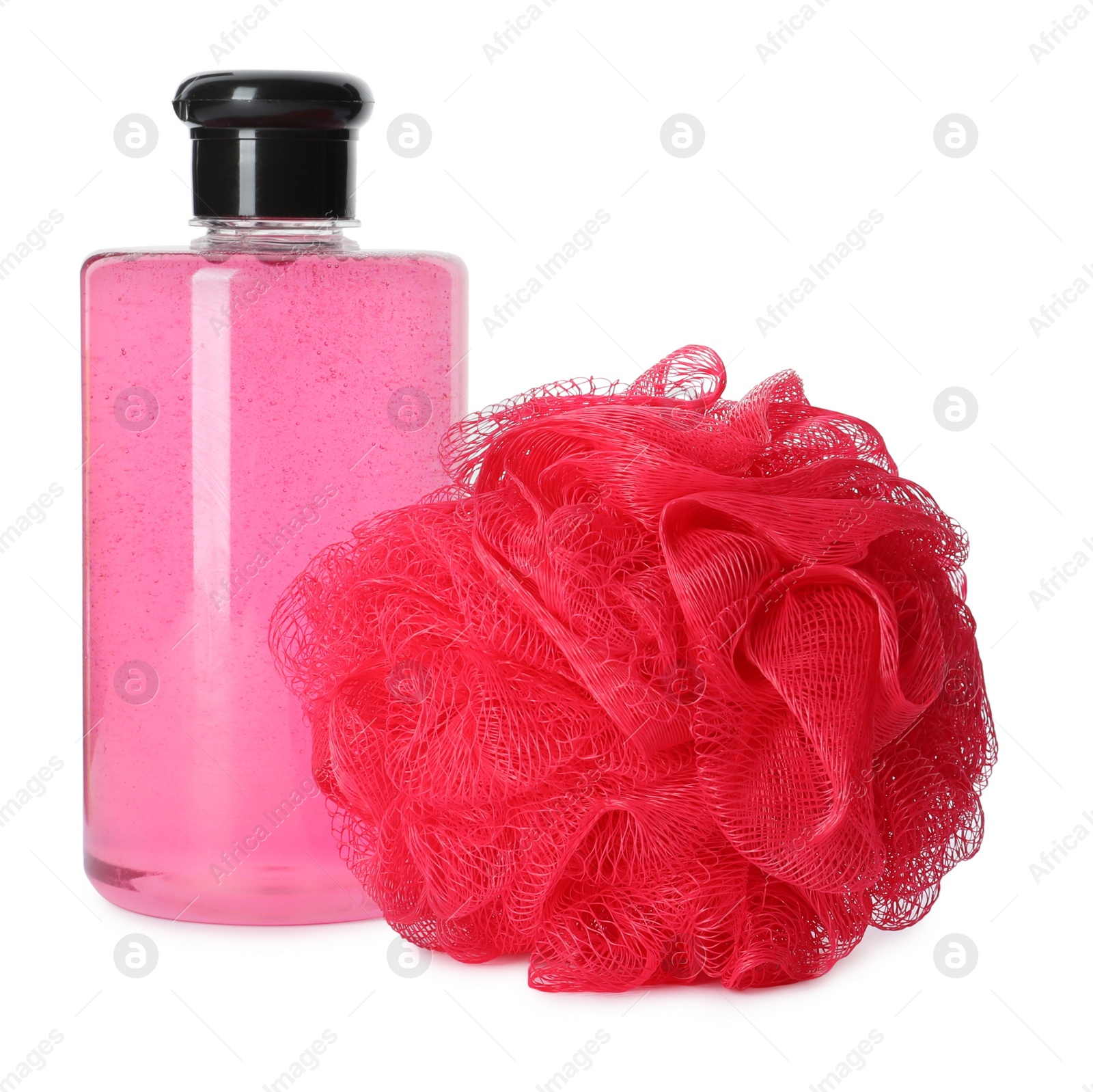 Photo of Personal hygiene product and shower puff on white background