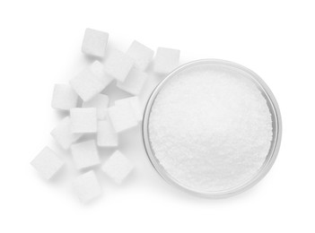 Photo of Different types of sugar isolated on white, top view