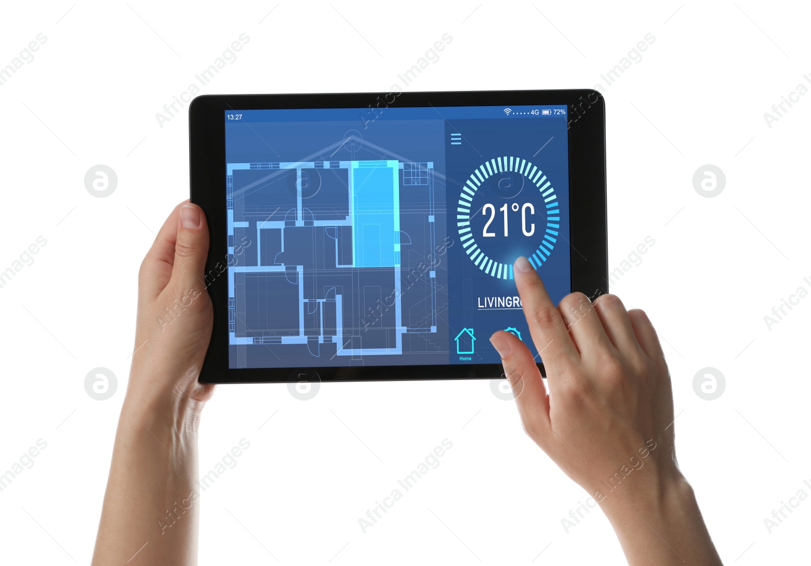 Image of Woman using tablet to control heating system in house against white background, closeup