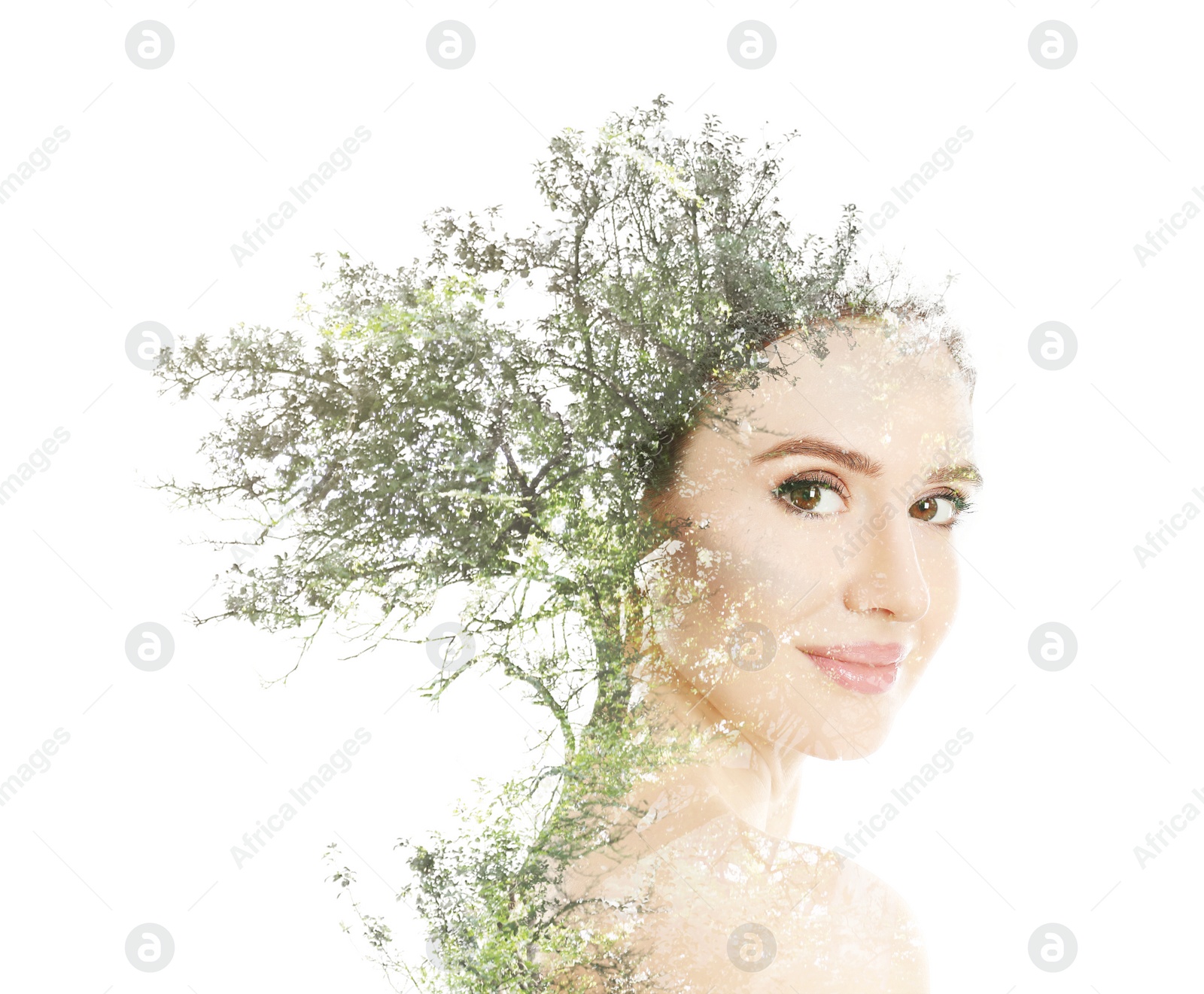 Image of Double exposure of beautiful woman and tree on white background