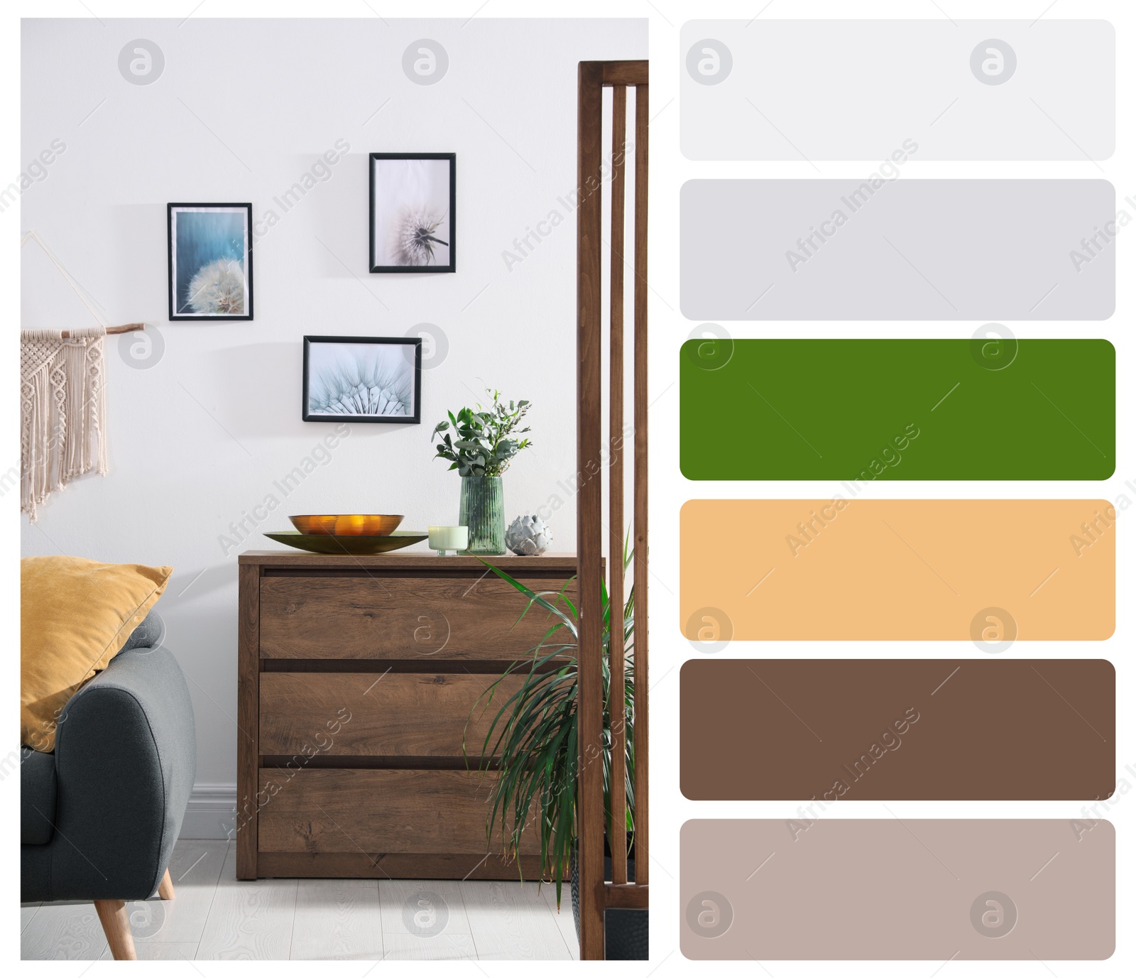 Image of Color palette and photo of stylish living room interior with modern furniture. Collage