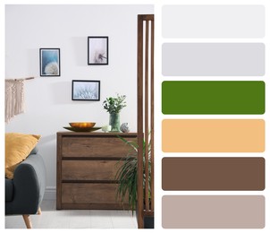 Color palette and photo of stylish living room interior with modern furniture. Collage