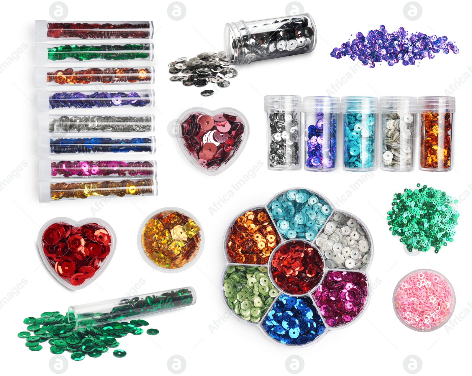 Image of Collage of different shiny sequins on white background