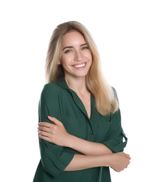 Portrait of beautiful young woman with blonde hair on white background