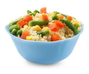 Photo of Delicious bulgur with vegetables in bowl isolated on white