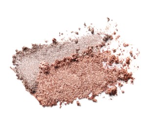 Photo of Crushed eye shadows on white background, top view. Professional makeup product