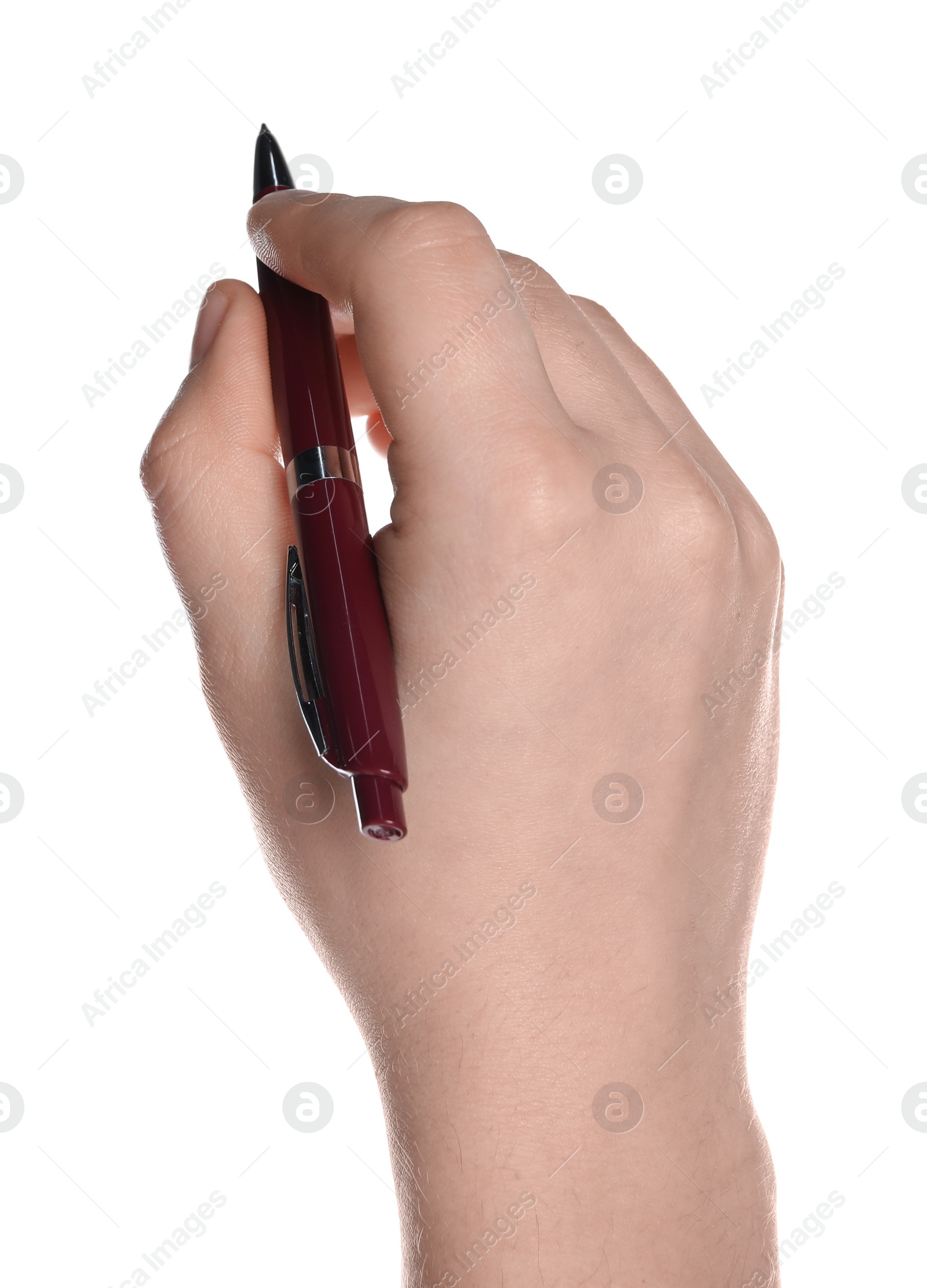 Photo of Man holding pen on white background, closeup of hand