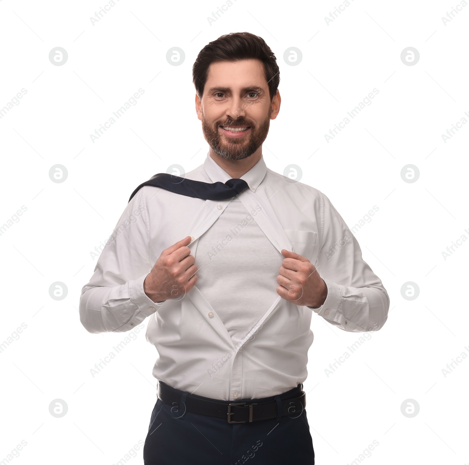 Photo of Happy businessman wearing superhero costume under suit on white background