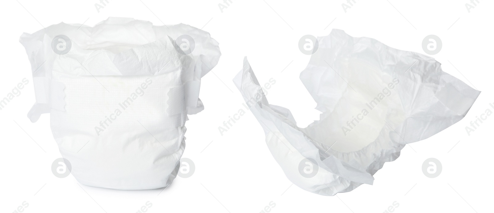 Image of Set of baby diapers on white background