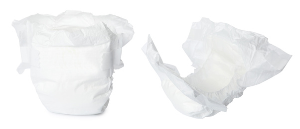 Image of Set of baby diapers on white background