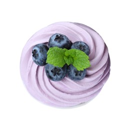 Photo of Sweet cupcake with fresh blueberries on white background, top view
