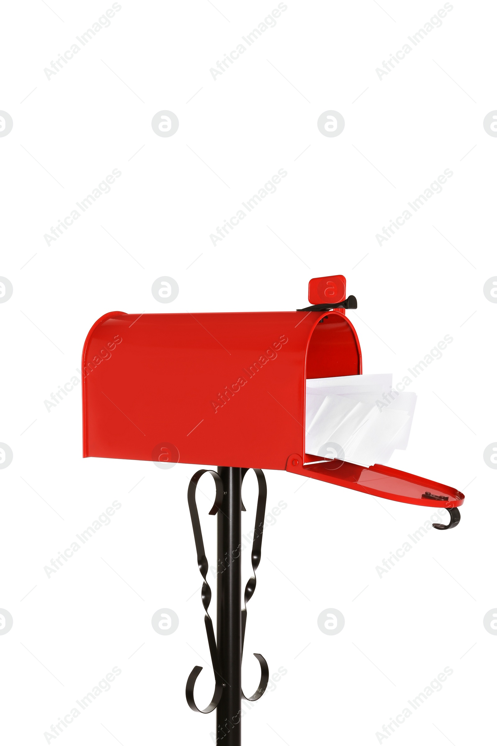 Photo of Red letter box with envelopes on white background