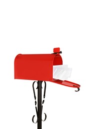 Photo of Red letter box with envelopes on white background