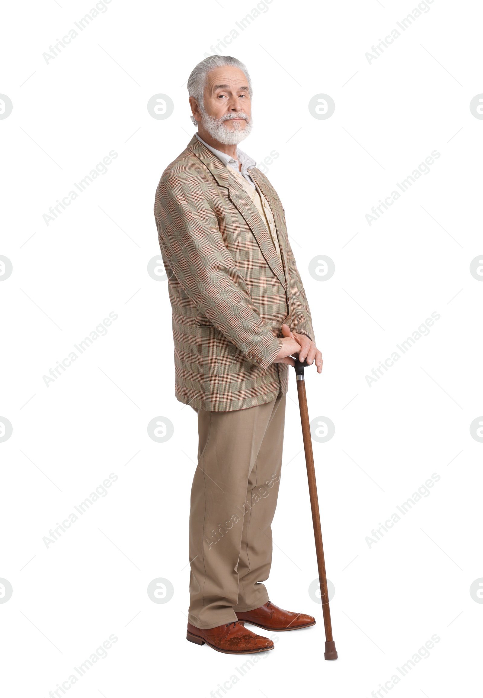 Photo of Senior man with walking cane on white background