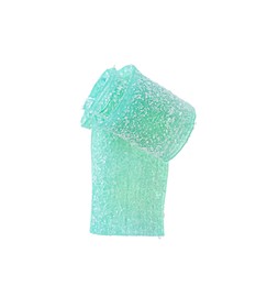 Photo of Green sweet jelly candy on white background, top view