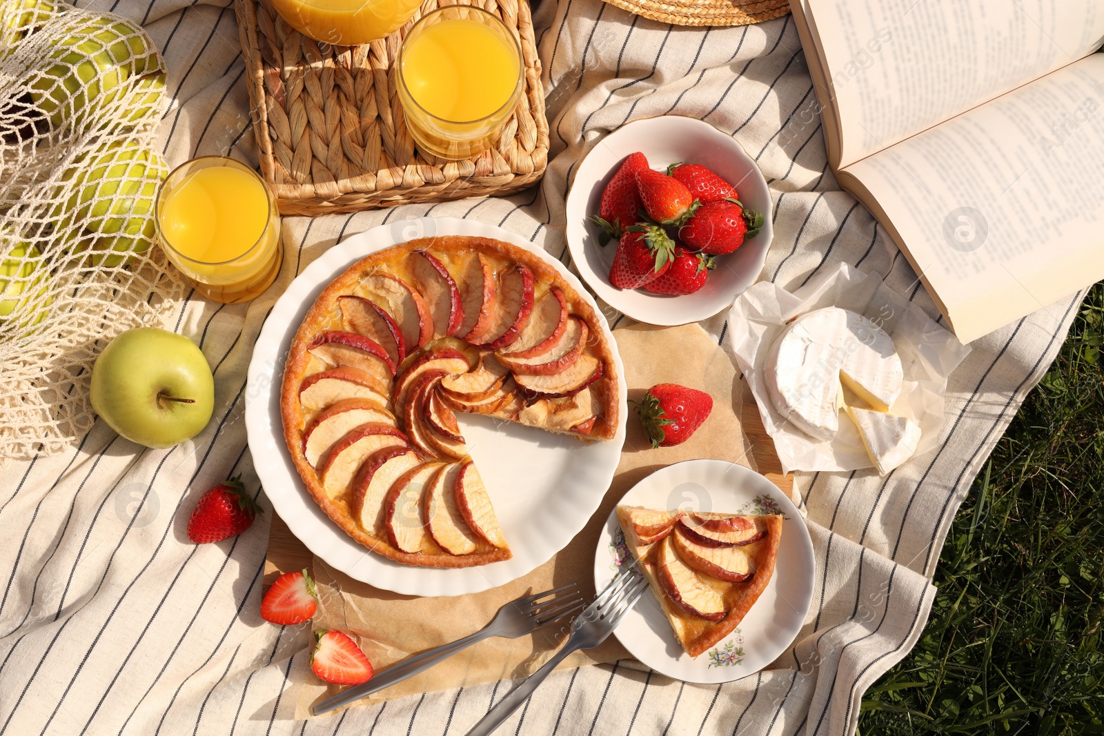 Photo of Blanket with different products on green grass, top view. Summer picnic