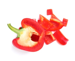 Photo of Cut ripe red bell pepper on white background