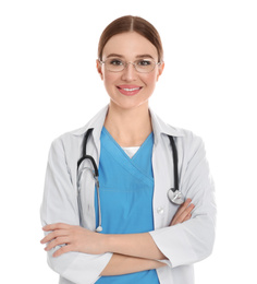 Portrait of doctor with stethoscope on white background