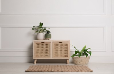 Stylish room interior with wooden chest of drawers and green plants near white wall