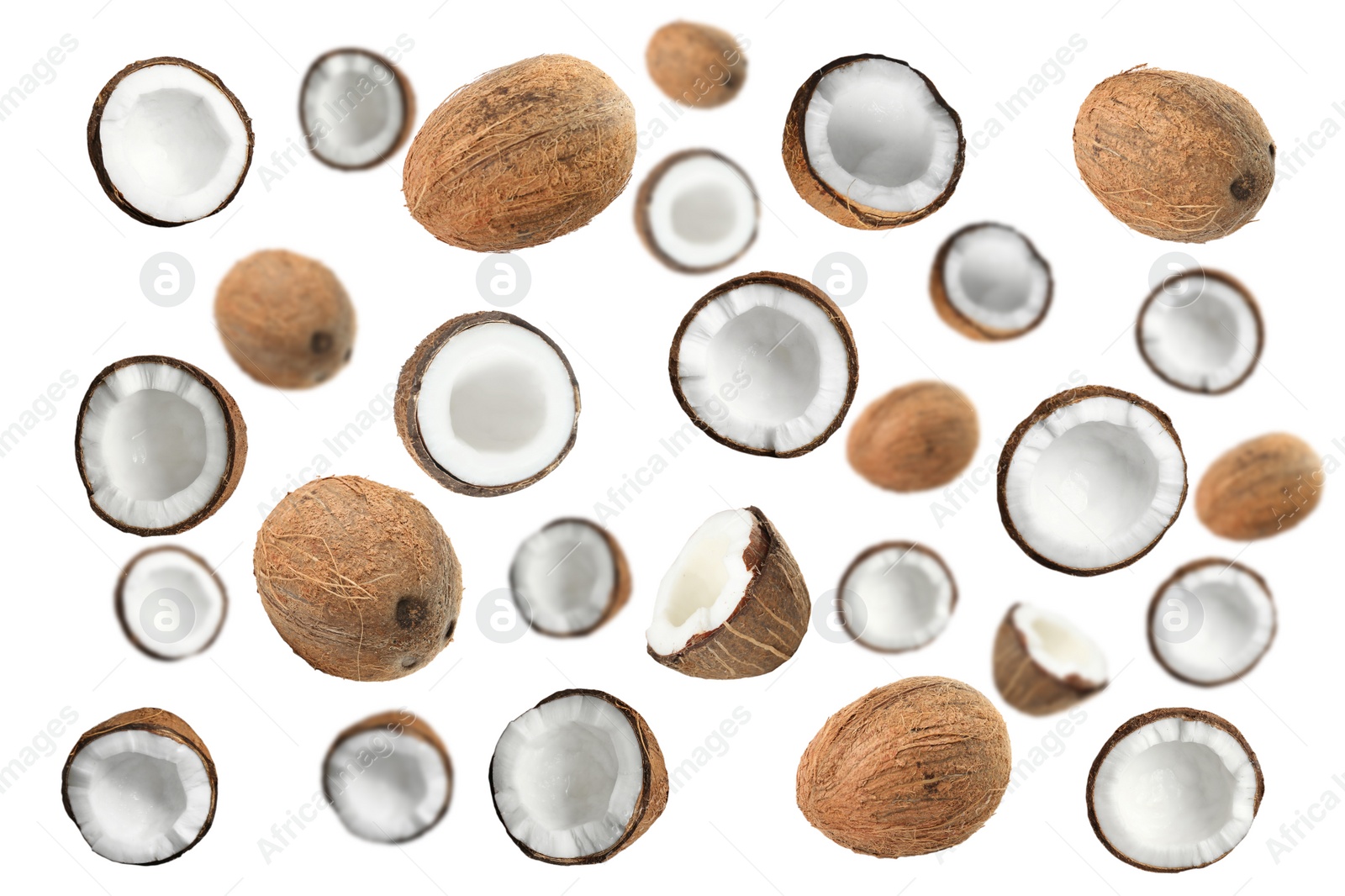 Image of Set with ripe coconuts on white background, top view