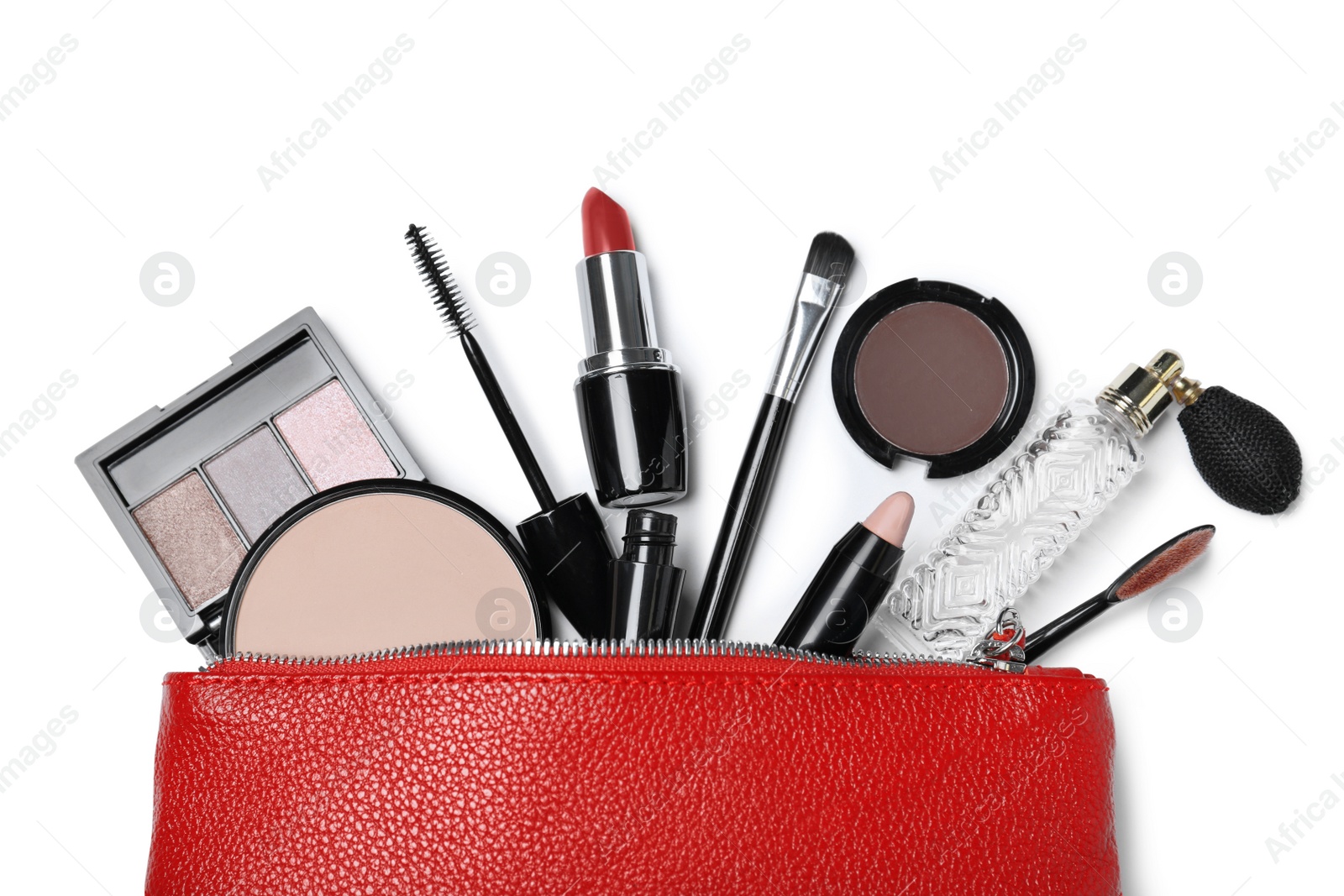 Photo of Cosmetic bag with makeup products and accessories on white background, top view